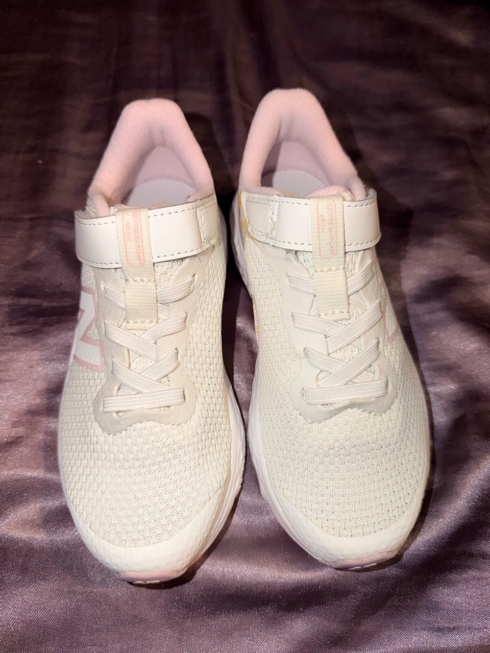 New Balance Kids White and Light Pink Velcro Athletic Sneakers